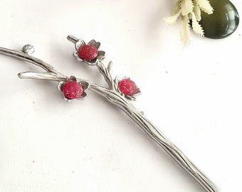 Ancient silver Celtic Viking hair pin,long,floral,red gemstone hair stick, high quality, bun holder,floral, Nordic, lrish,silver hair fork