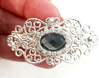 Silver plated small filigree barrette with grey crystal, handmade, wedding, sparkle,crystal and rhinestones barrette clip