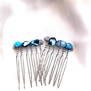 Set of 2 SMALL silver hair comb with blue abalone shell, handmade,tiny hair combs, natural stone,non slip,prom, wedding, anniversary