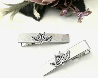 Handmade Silver Lotus Alligator Hair Clips, Set of 2