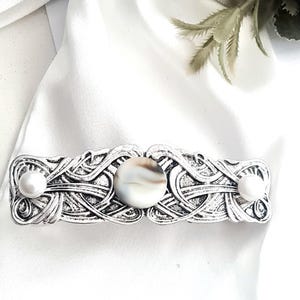 Ancient silver Celtic Viking barrette,white stone,mother of pearl,pearly,handmade,large barrette ,thick hair,high quality silver barrette