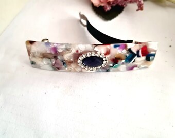 Large Multicoloured resin barrette with vintage inspired gemstone, crystal and rhinestones, acetate, sparkle, marble, handmade barrette