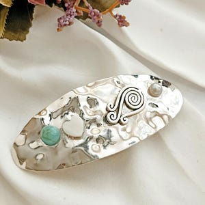 Glossy silver barrette, wrinkled,blue stone,swirl barrette clip, oval hair barrette, minimalist, non slip,gift for her, medium size barrette