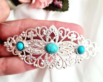 Turquoise stone silver barrette,vintage inspired, wedding barrette,silver plated filigree barrette, handmade,high quality French barrette,