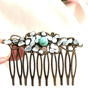 Bronze filigree hair comb with beautiful turquoise natural stone and light blue seashells, pearl, handmade, vintage inspired hair comb,retro