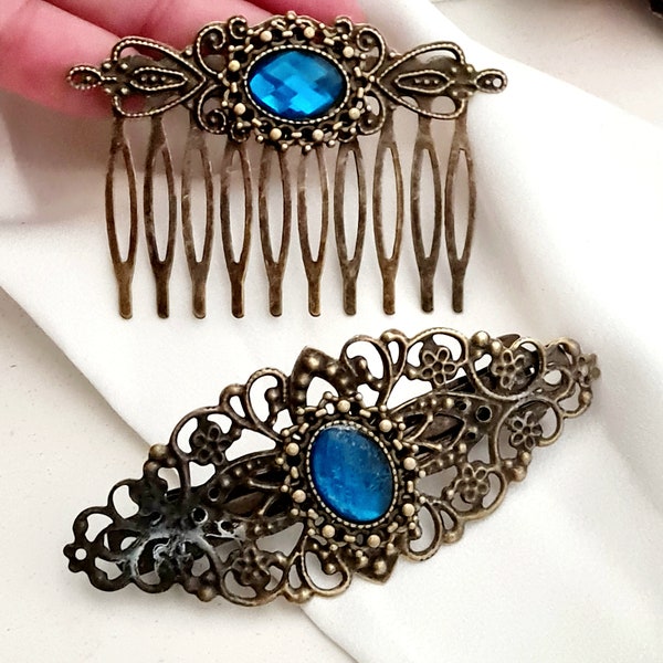 2 pcs ancient bronze hair clip set,hair comb and barrette, Christmas hair clip gift set, blue gemstone,sparkle, women's gift set,filigree