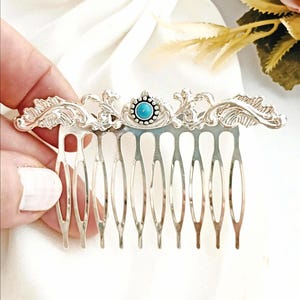Large silver hair comb,blue stone,bride, bridesmaid, handmade hair comb,leaves, high quality,non slip, wedding hair comb, gift for mum