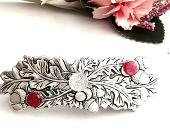 Silver plated large Viking Celtic barrette, red gemstones, high quality, minimalist,Irish style, handmade,floral barrette clip,gift for her