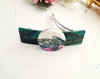 Emerald Green acetate barrette  marbe, mosaic barrette clip,medium size, handmade, resin, Summer barrette clip, green French barrette