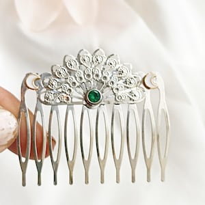 Vintage inspired silver hair comb with green gemstone,moon, filigree hair comb, sparkly,medium size, retro, handmade,wedding, prom,bridal