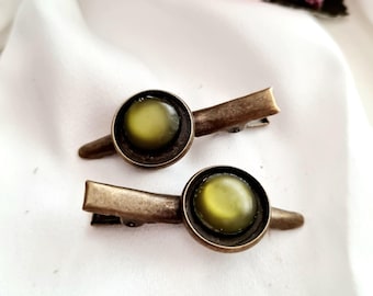 Pack of antique bronze hair clips,vintage inspired, green natural stone bronze clip,handmade, retro,SMALL  alligator clip,crocodile clip