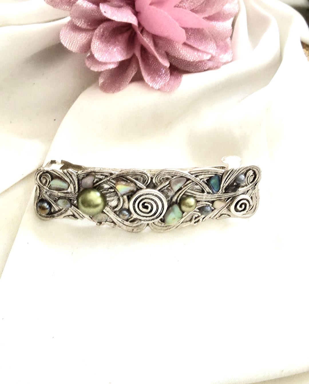 Silver Belette Silver Celtic Barrette, Swirl, Abalone Shell, Green Beads, Handmade - Etsy