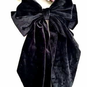 Oversize black velvet bow barrette, long tail, Christmas,  women&#39;s hair bow, black velvet, soft velvet,  large,long bow clip, Gift for