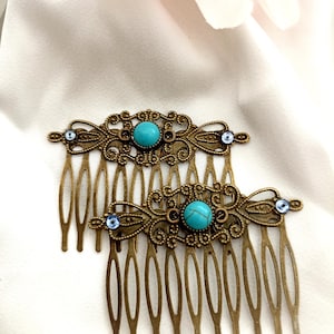 Set of 2 vintage inspired bronze hair comb with blue gemstones, filigree, Retro, antique style,handmade hair comb, medium size, wedding,prom