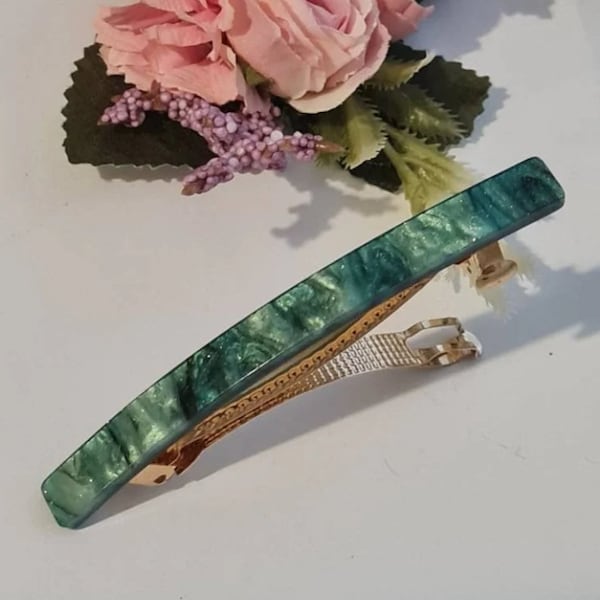 Emerald Green barrette,  autumn, resin,women, eco friendly, acetate, green barrette clip, slim French barrette, marble green