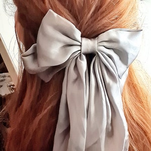 Silver oversize satin bow barrette. Large bow clip.Bridal, long tail, Grey hair bow, Gift for her. Satin bow clip., Christmas bow clip
