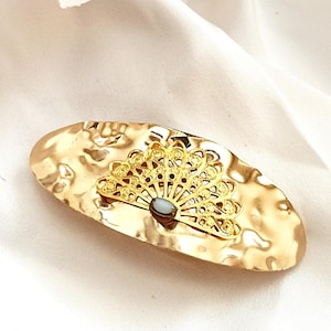 Gold hammered barrette with beautiful blue gemstone,oval,wrinkled, handmade,glossy gold barrette,retro style barrette clip,non slip barrette