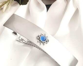 Large silver French barrette with pentagram star,minimalist, high quality, blue gemstone,minimal, high quality barrette clip,modern barrette