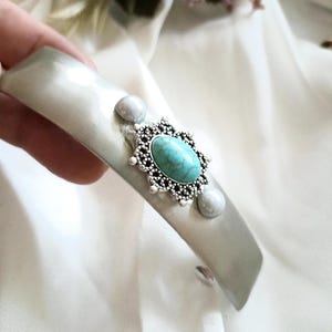 Blue natural stone silver barrette,large French barrette,silver ball beaded,high quality,non slip, oversize barrette clip, handmade, minimal