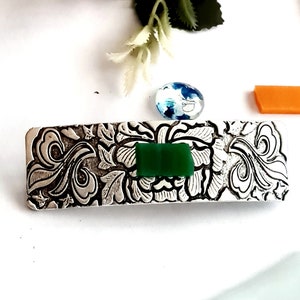 High quality silver Celtic Viking barrette,green glass,Nordic,antique  silver and green,women&#39;s barrette clip, hair art,unique hair barrette