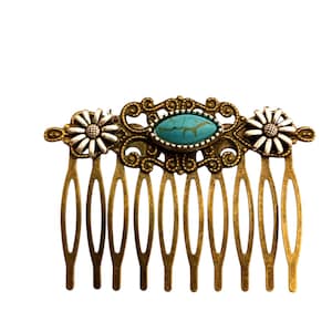 Turquoise stone bronze hair comb, silver flowers, vintage style, handmade, antique bronze,Irish flowers,high quality hair comb,wedding comb