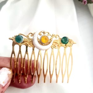Gold plated green crystal hair comb,crescent moon,wedding, sparkle,bride,bridesmaid, sparkling vintage inspired emerald rhinestone hair comb