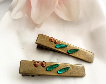 Set of 2 antique bronze hair clip with bronze and green gemstones, alligator,vintage inspired, sparkly, handmade, retro,bronze hair clip,