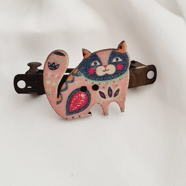 Petite barrette en bronze antique pour chat, chat rose, fait main, d'inspiration vintage, rétro, cadeau pour elle, petite barrette, barrette en poils d'animaux