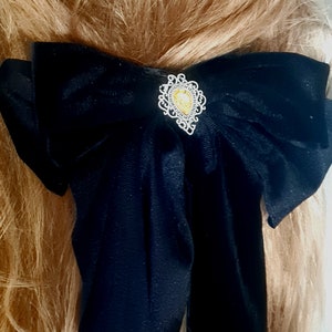 Oversize black bow barrette with vintage gemstones,long tailed bow barrette,black velvet bow clip, wedding, prom,handmade, oversize bow clip