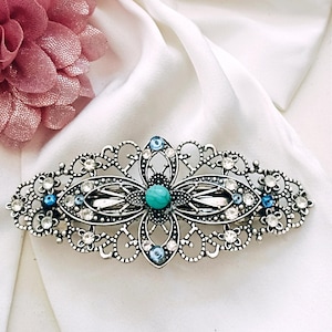 Large silver filigree barrette with turquoise blue gemstones, wedding, thick hair, crystal barrette clip,bridal, bridesmaid,high quality