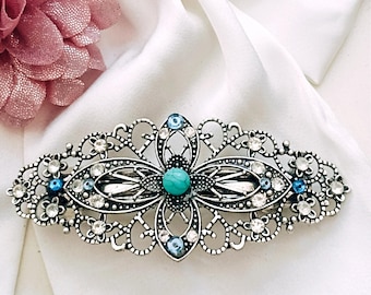 Large silver filigree barrette with turquoise blue gemstones, wedding, thick hair, crystal barrette clip,bridal, bridesmaid,high quality