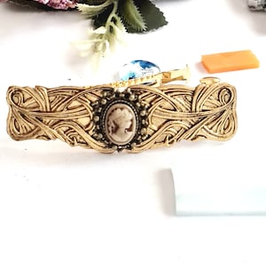 Ancient gold Celtic Viking barrette with vintage cabochon, handmade, high quality, sparkling, rhinestone, retro style barrette clip