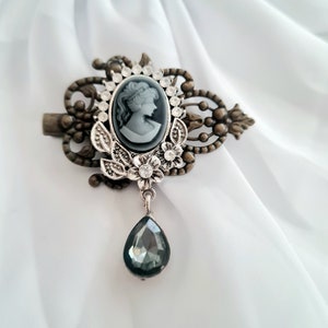Ancient bronze cameo hair clip, antique look filigree barrette, Victorian style, rhinestones, wedding, vintage gemstone, bronze hair slide