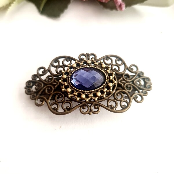 Amethyst gemstone small filigree barrette, sparkling, handmade, vintage style, retro, antique bronze and purple hair barrette