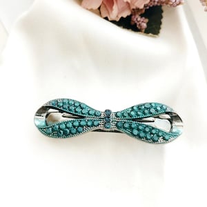 Small green barrette,bow, ribbon barrette, wedding,crystal, wedding,fine hair, something green,thin hair barrette,non slip, gift for her,