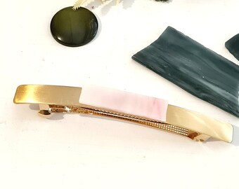 Gold plated minimalist barrette with pink fused glass, handmade, highly quality,matte gold barrette,long minimalist, sleek,women's barrette