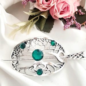Silver plated tree of life Celtic knot hair pin with emerald green crystals,Ancient, Viking hair clip,handmade, sparkle Celtic barrette clip