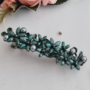 Green flower barrette, pearly, handmade, wedding, prom,mother of groom,rhinestones barrette clip