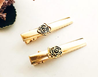 Set of 2 gold coloured alligator hair clips, crocodile clips,small hair clips, vintage inspired hair clips,side clip