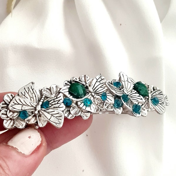 Ancient silver Celtic Viking butterfly barrette with emerald green crystal, Nordic,handmade, sparkling, high quality, minimalist barrette