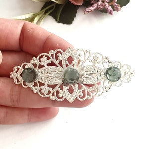 Ancient silver filigree hair barrette, green natural stone, handmade, wedding, vintage inspired, gift for her, something silver