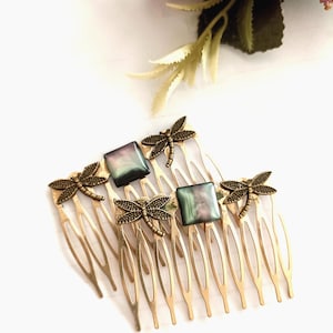 Set of 2 bronze hair comb, dragonfly, vintage inspired, silver stone, handmade, retro style, medium size, bridesmaid,prom, Celtic barrette
