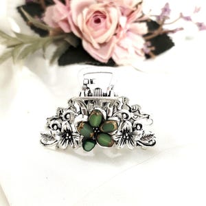 Small to medium size silver hair claw with green gemstones, handmade, lrish hair jaw,vintage inspired, flowers,floral,fused glass beaded