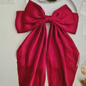 Promotion!Oversize red bow barrette,Satin hair bow,long tail, Sateen hair barrette.Bow hair scrunchie.Oversize bow,Silky bow clip