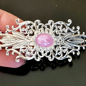 Silver plated large filigree, pink gemstone and crystal, thick hair, vintage inspired, ancient silver and pink, sparkle, Celtic, retro