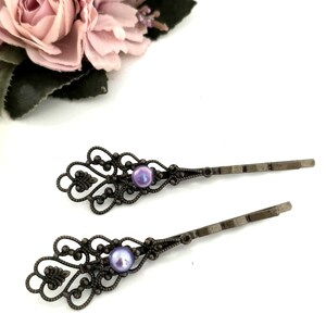 Set van 2 bronzen haarspeldjes in Victoriaanse stijl met lila stenen, filigraan, bloemen, bruiloft, handgemaakt, zijclip, retro-stijl, parelachtige edelsteen