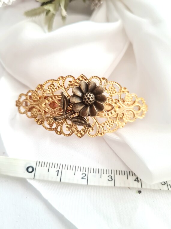 Small Gold Vintage Inspired Barrette With Bronze Flower  display picture 1