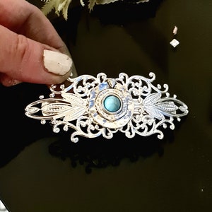 Torquoise gemstone silver Celtic barrette, filigree, vintage inspired, handmade,large hair barrette,blue gemstone, vintage inspired barrette