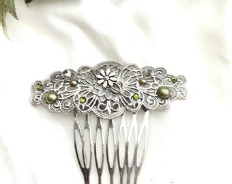 Antique Silver Wedding Hair Comb with Irish Flower, Green Gemstones