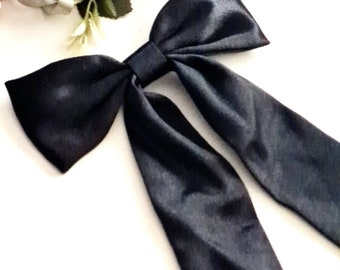 Long tail satin Black bow barrette, large hair bow, silk and satin bow, Christmas hair bow, high quality black bow clip, Gift for her